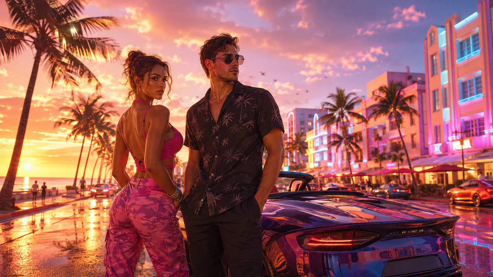 GTA VI inspired Vice City marina night scene